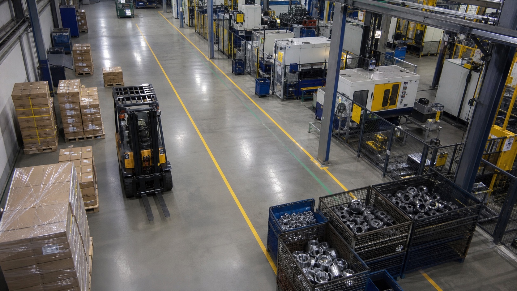 Factory CCTV detecting forklifts pallets boxes and machinery